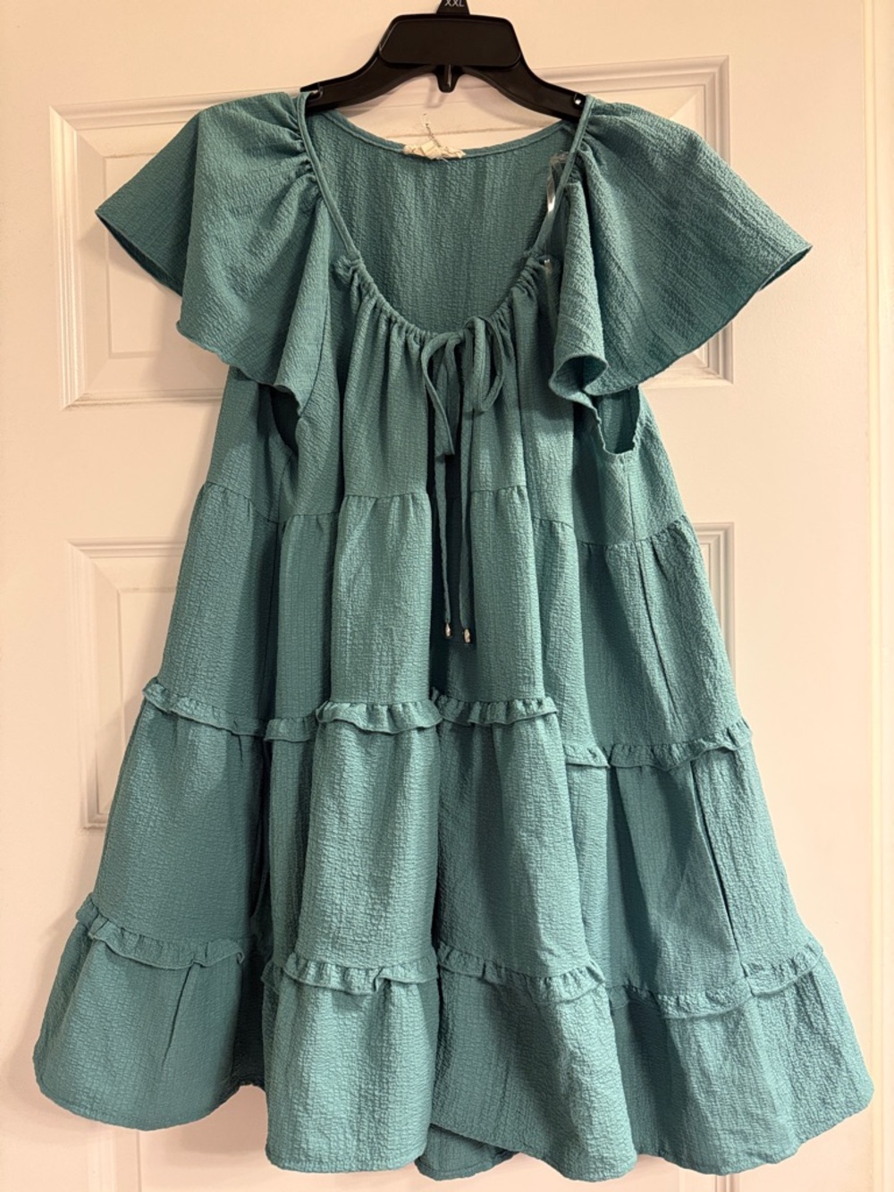 entro Teal Tiered Ruffle Blouse with Tie Neck